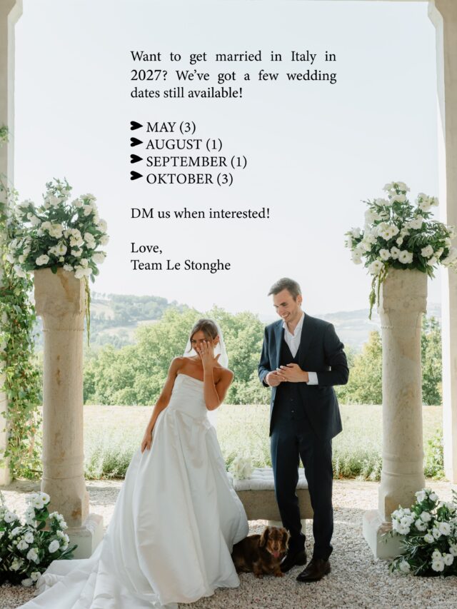 Want to get married in Italy in 2027? We’ve got a few wedding dates still available! ✨MAY (3)AUGUST (1)SEPTEMBER (1)OKTOBER (3)DM us when interested!Love, 
Team Le Stonghe
